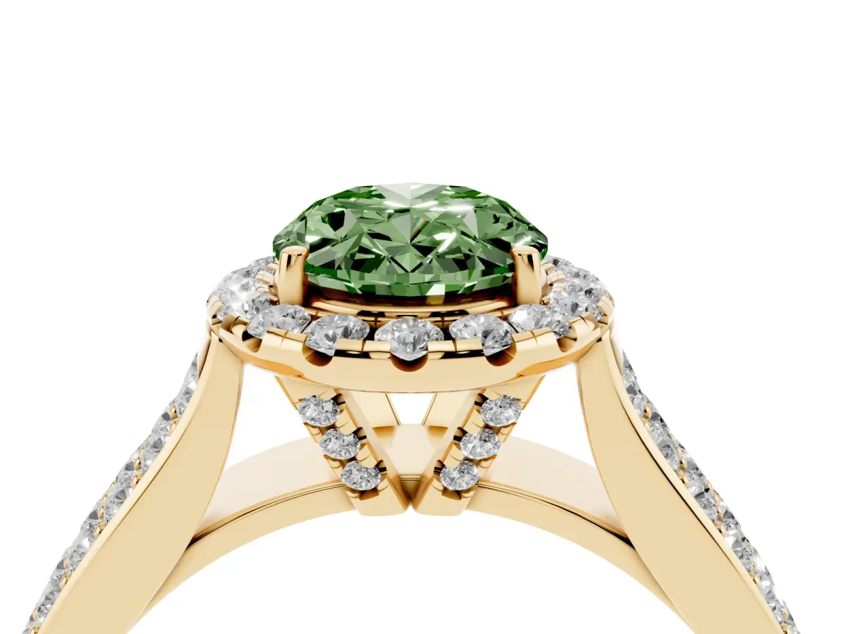 Fancy Green Oval Cut Halo Round Diamond Pave Band with Prong Setting Yellow gold