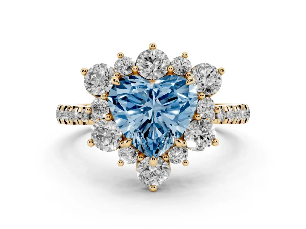 Fancy Blue Heart Cut Diamond Floral Halo Ring with Round Pavé Band and Prong Setting Yellow gold