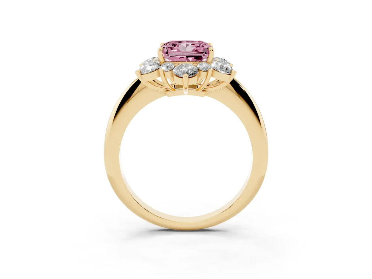Fancy Pink Princess Cut Diamond Cluster Halo Ring with Solitaire Band and Four-Prong Setting Yellow gold