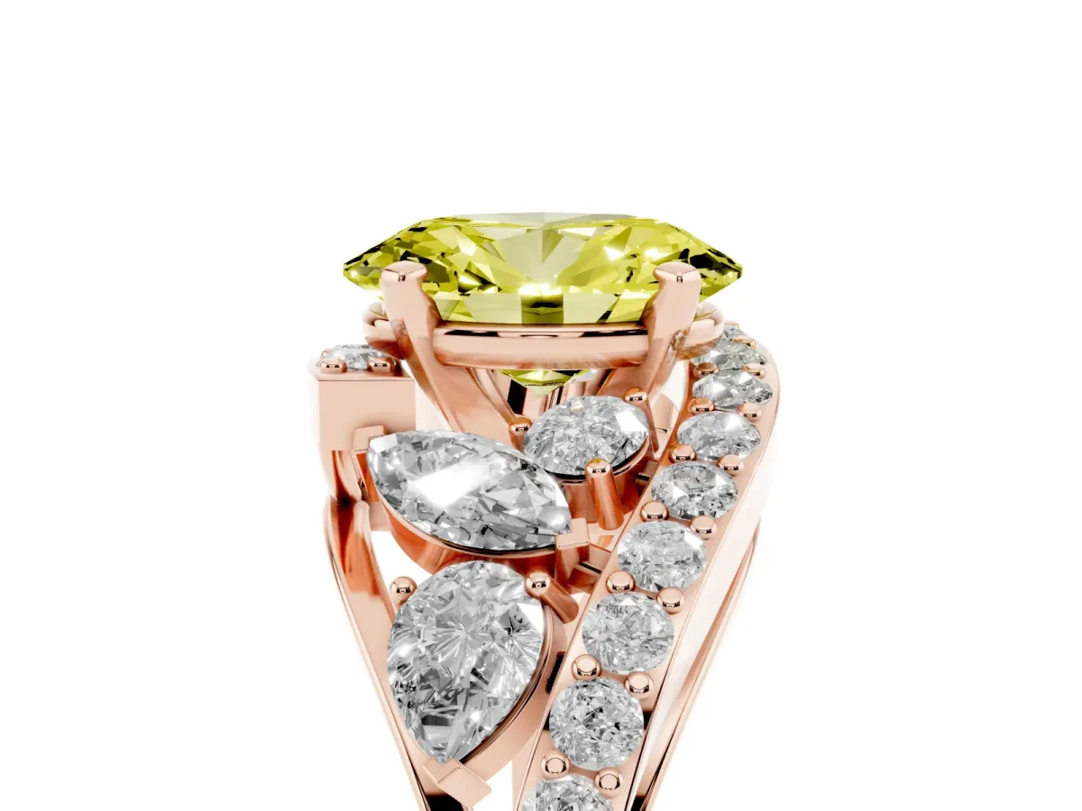 Fancy Yellow Oval Cut Diamond Halo Ring with Marquise and Pavé Band in Prong Setting Rose gold