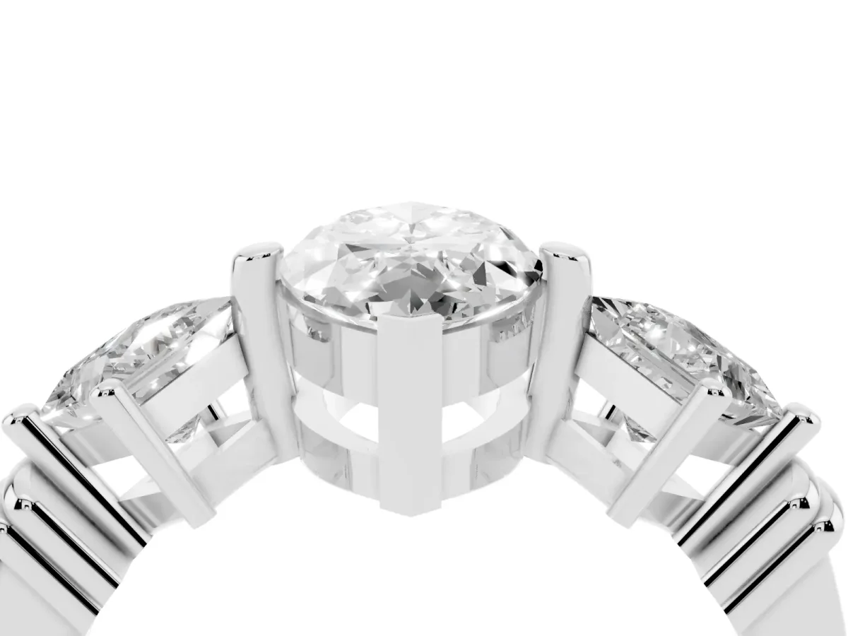 Three-Stone Marquise Cut and Princess Cut Diamond Ring with Channel Band and Four-Prong Setting White gold