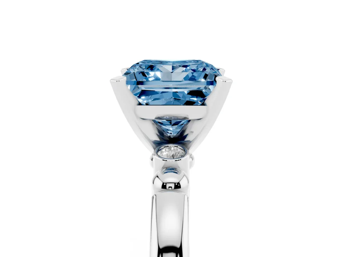Fancy Blue Princess Cut Solitaire Beaded Band with Four-Prong Setting White gold