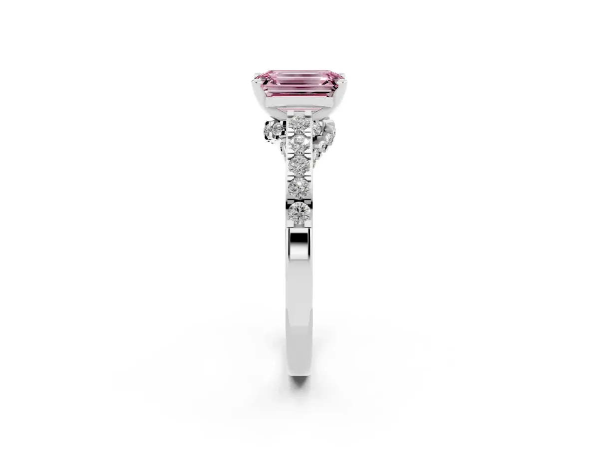 Fancy Pink Emerald Cut Diamond Solitaire Ring with Crossover Gallery and Round Pavé Band Platinum