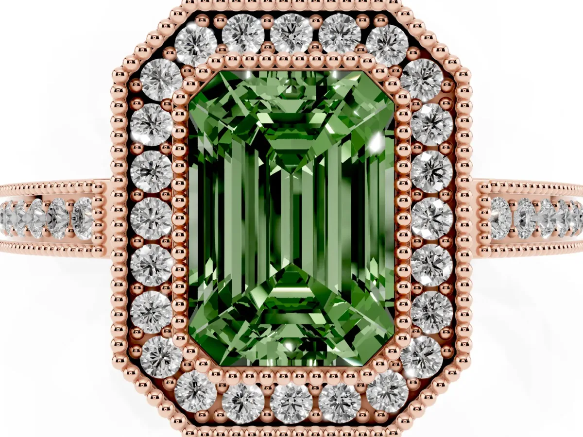 Fancy Green Emerald Cut Cut Halo Diamond Ring with Pavé Band and Milgrain Prong Setting Rose gold