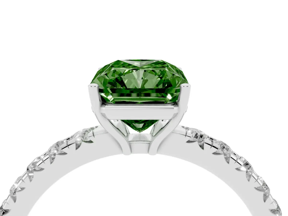Fancy Green Radiant Cut Diamond Pavé Solitaire Engagement Ring with Four-Prong Setting Silver