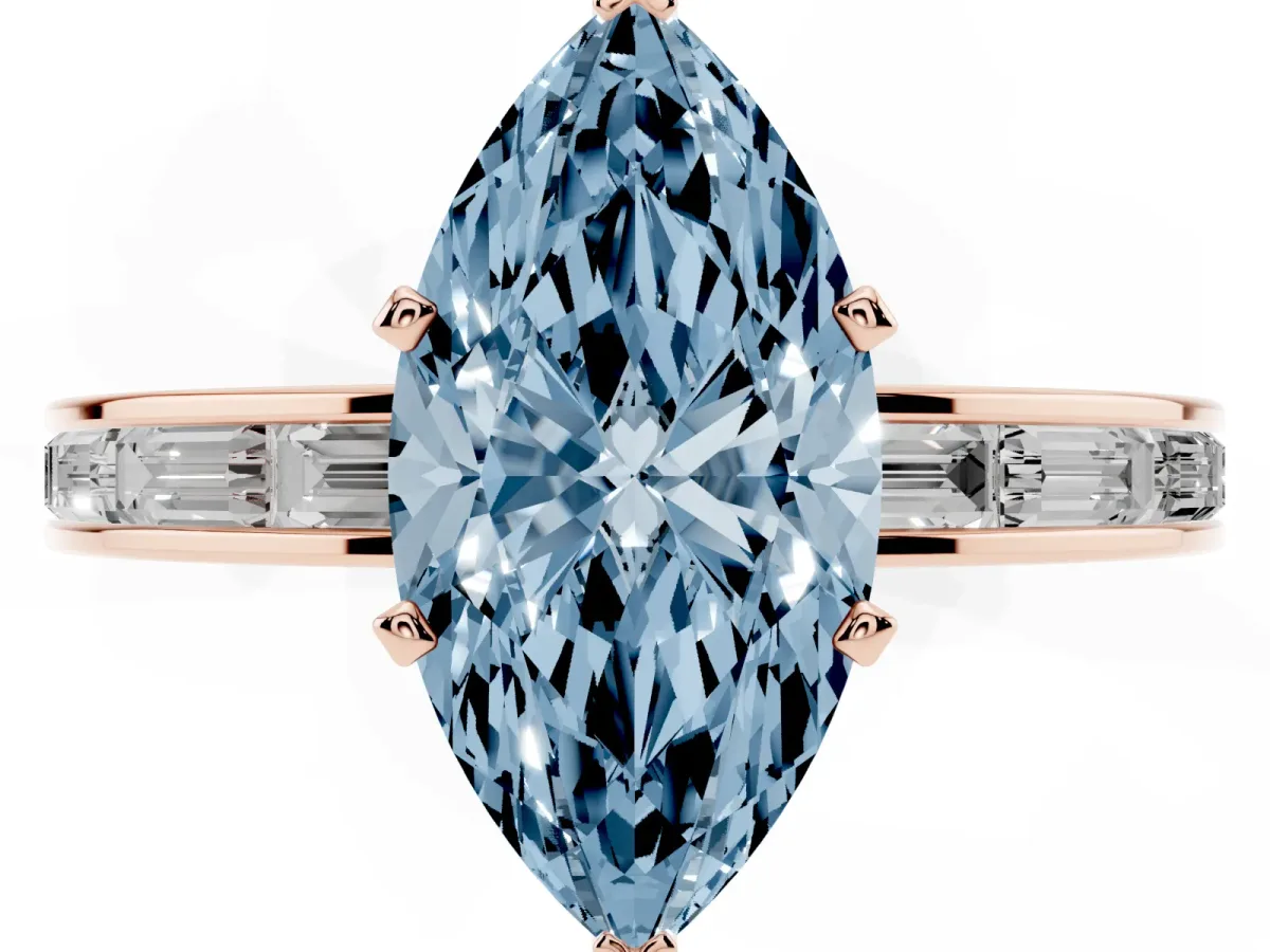 Fancy Blue Marquise Cut Solitaire Diamond Ring with Channel-Set Baguette Band and Four-Prong Setting Rose gold