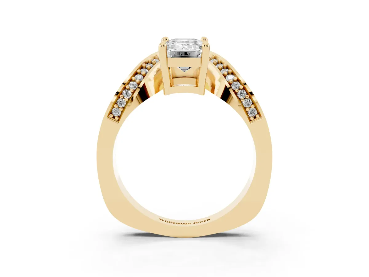 Emerald Cut Solitaire Diamond Engagement Ring with Pave Band and Four-Prong Setting Yellow gold