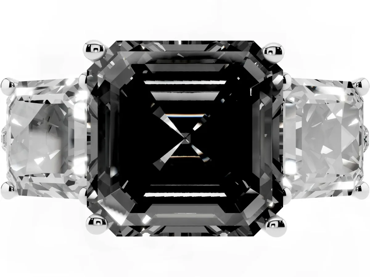 Fancy Black Three-Stone Asscher Cut Diamond Ring with Round Pavé Band and Prong Setting Silver