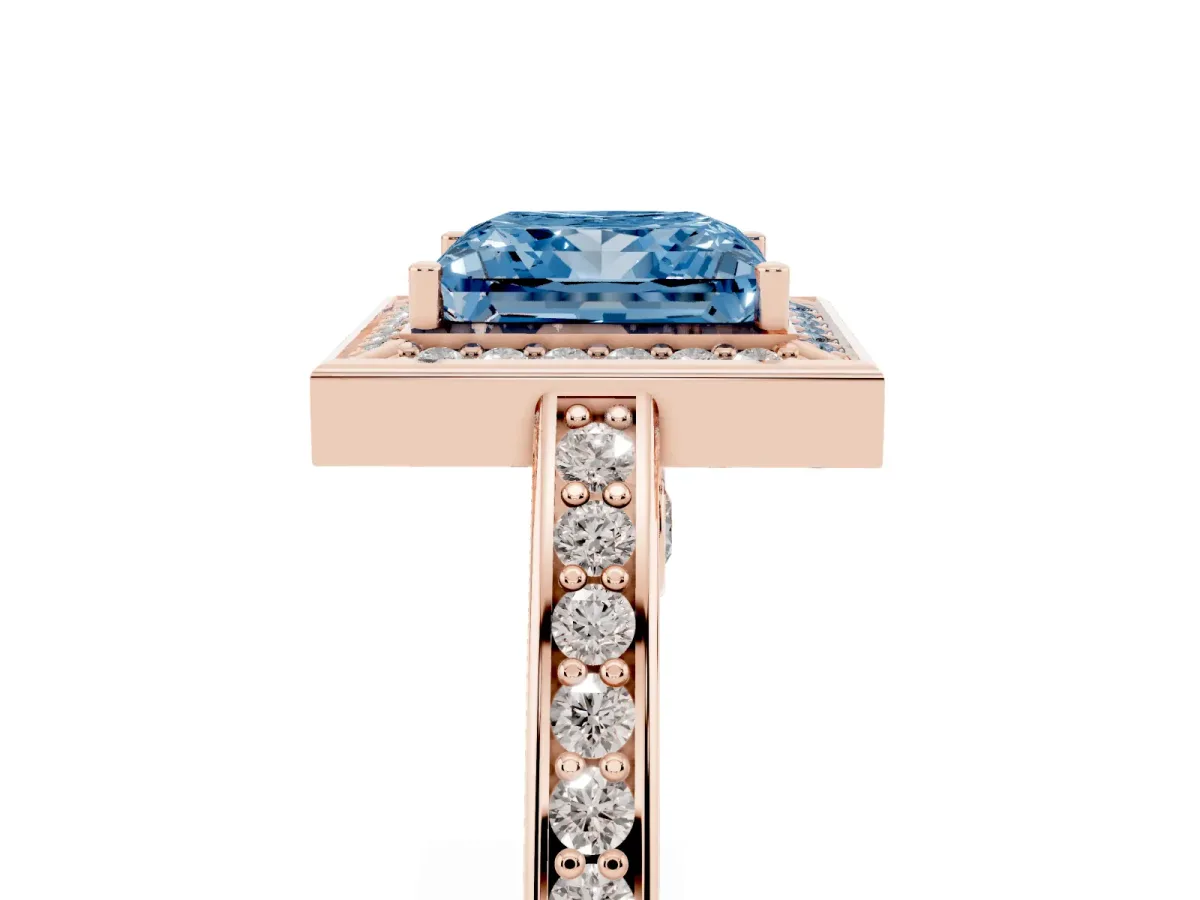 Fancy Blue Princess Cut Cut Halo Pave Split Shank Prong Setting Ring Rose gold