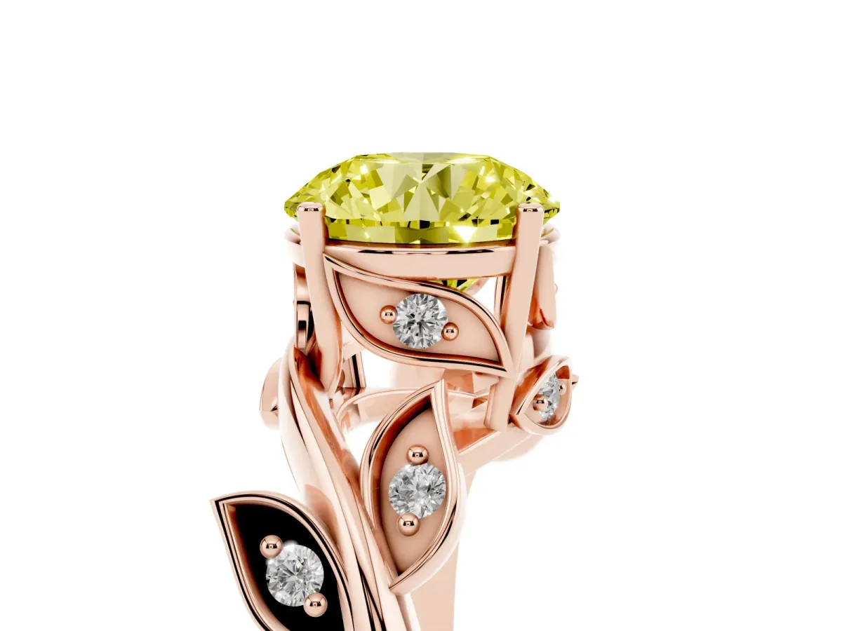 Fancy Yellow Round Cut Solitaire Twist Engagement Ring with Leaf Accents and Prong Setting Rose gold