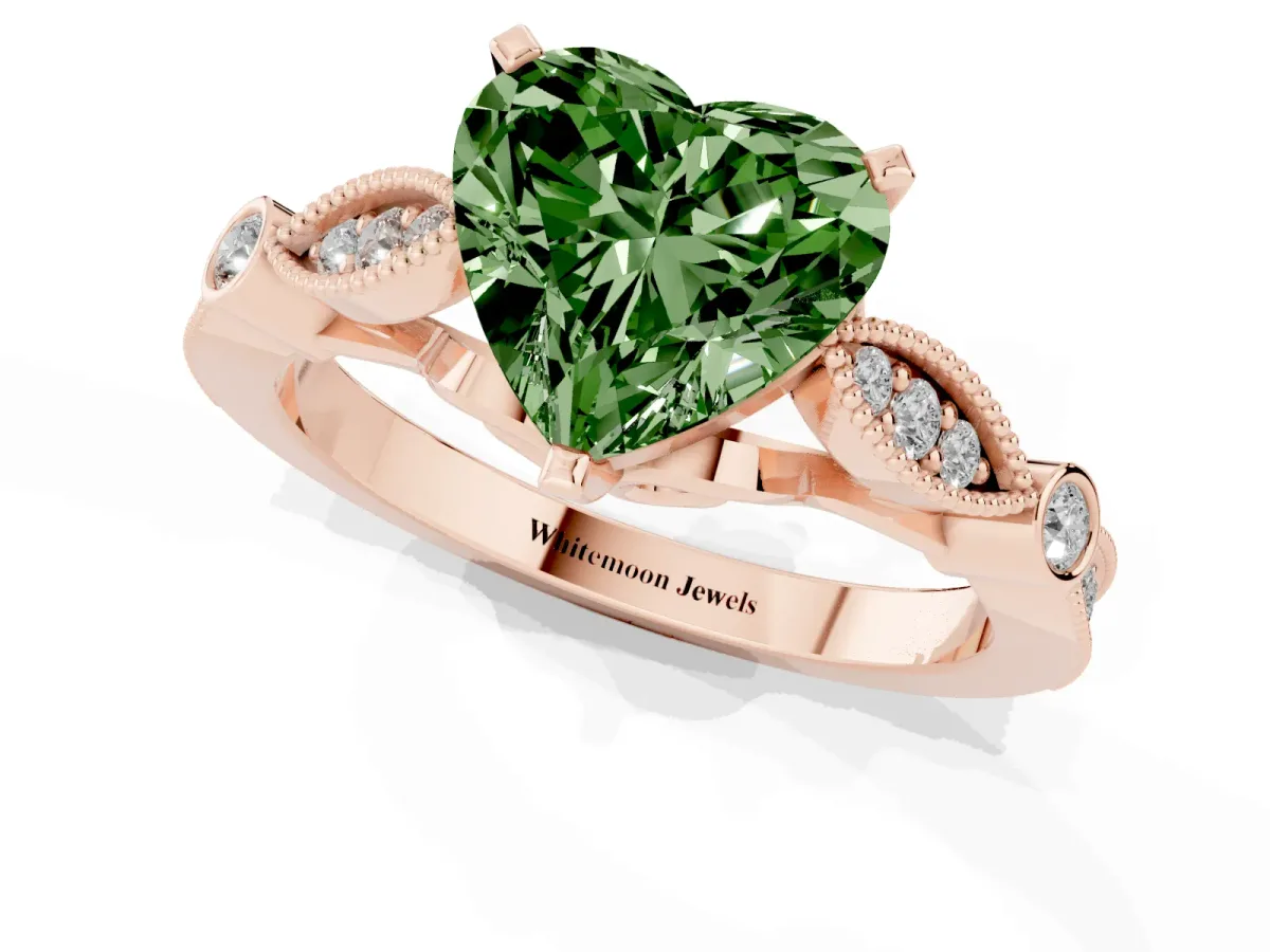 Fancy Green Heart Cut Cut Diamond with Milgrain Marquise and Bezel Accents on a Solitaire Band with Prong Setting Rose gold