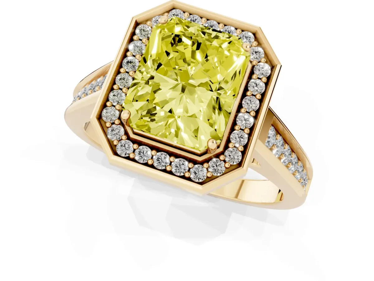 Fancy Yellow Emerald Cut Halo Solitaire Diamond Ring with Pave Band and Bezel Setting Yellow gold