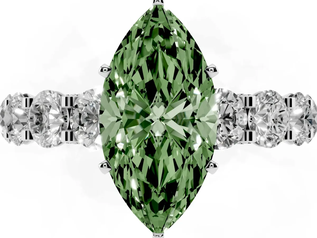 Fancy Green Marquise Cut Diamond Side Stone Engagement Ring with Four-Prong Setting White gold