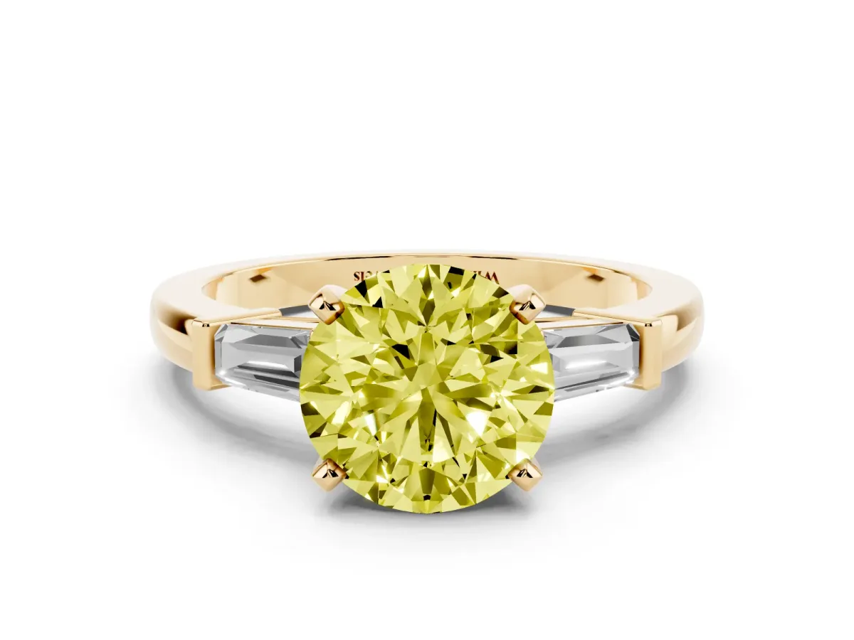 Fancy Yellow Round Cut Cut Diamond Solitaire Ring with Tapered Baguette Accents and Four-Prong Setting Yellow gold
