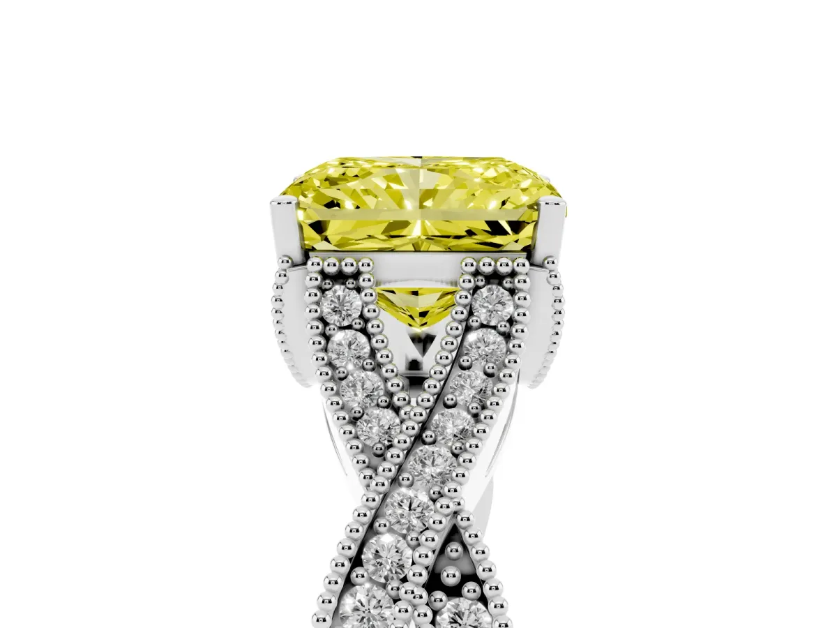 Fancy Yellow Radiant Cut Cut Diamond Twisted Band with Milgrain Pave Setting and Four-Prong Setting White gold