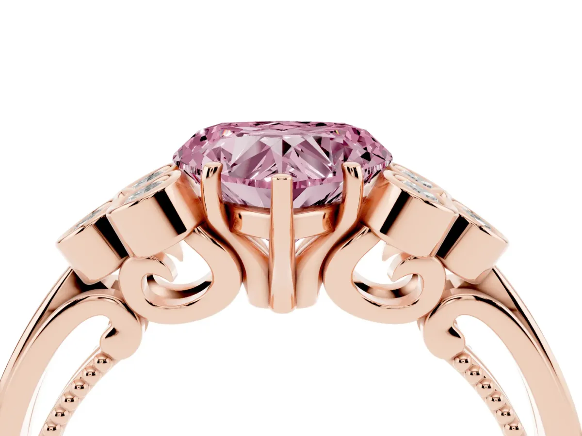 Fancy Pink Heart Cut Cut Diamond Engagement Ring with Bezel Set Round Side Stones and Prong Setting Rose gold