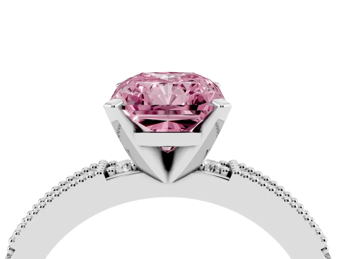 Fancy Pink Radiant Cut Solitaire with Pavé Band and Four-Prong Setting Silver