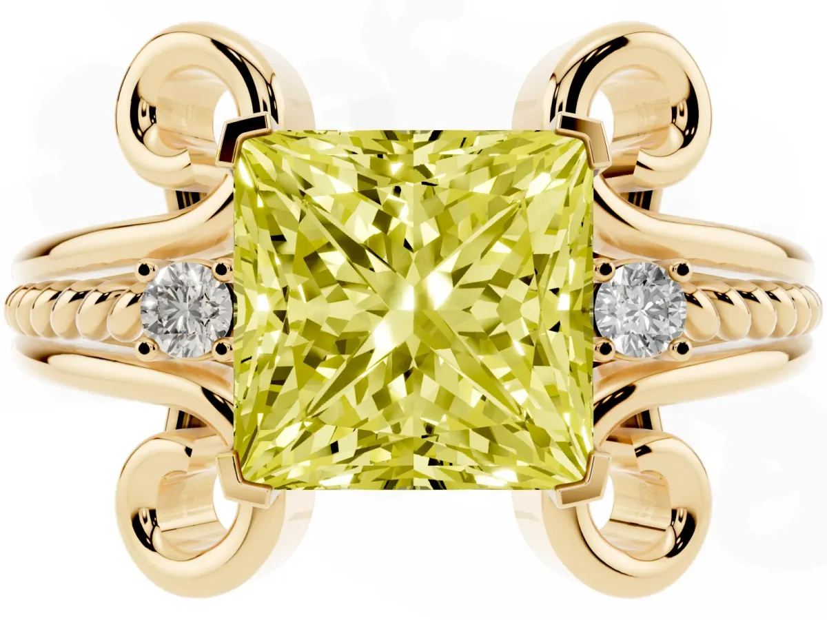Fancy Yellow Princess Cut Solitaire Twisted Band Scroll Prong Ring Yellow gold