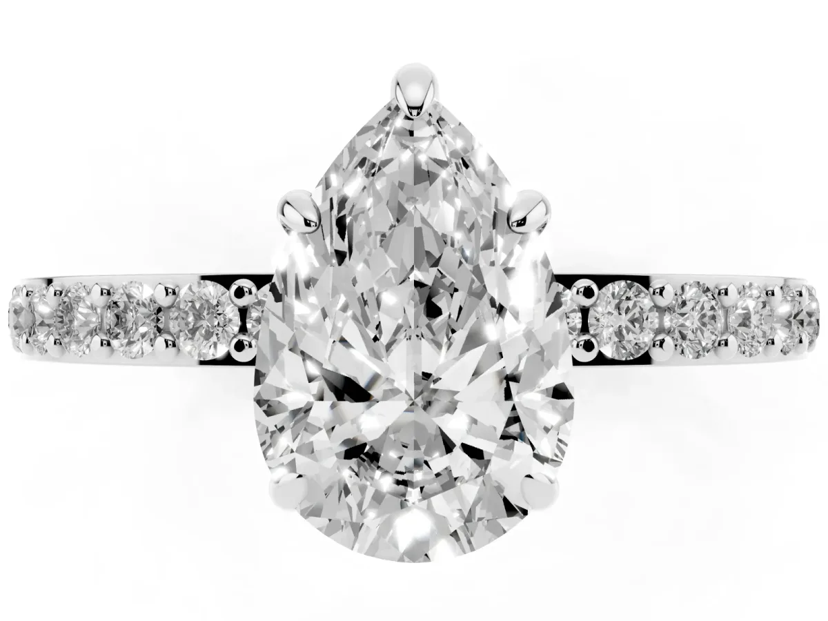 Pear Cut Diamond Pavé Engagement Ring with Round Accents and Prong Setting Platinum