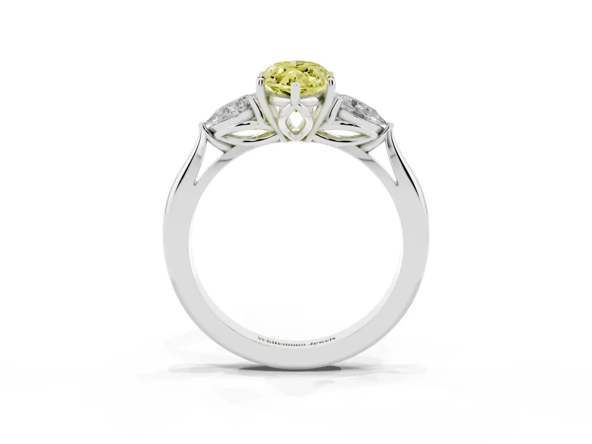 Fancy Yellow Three-Stone Marquise Cut Diamond Ring with Pear Side Stones in Four-Prong Setting Silver