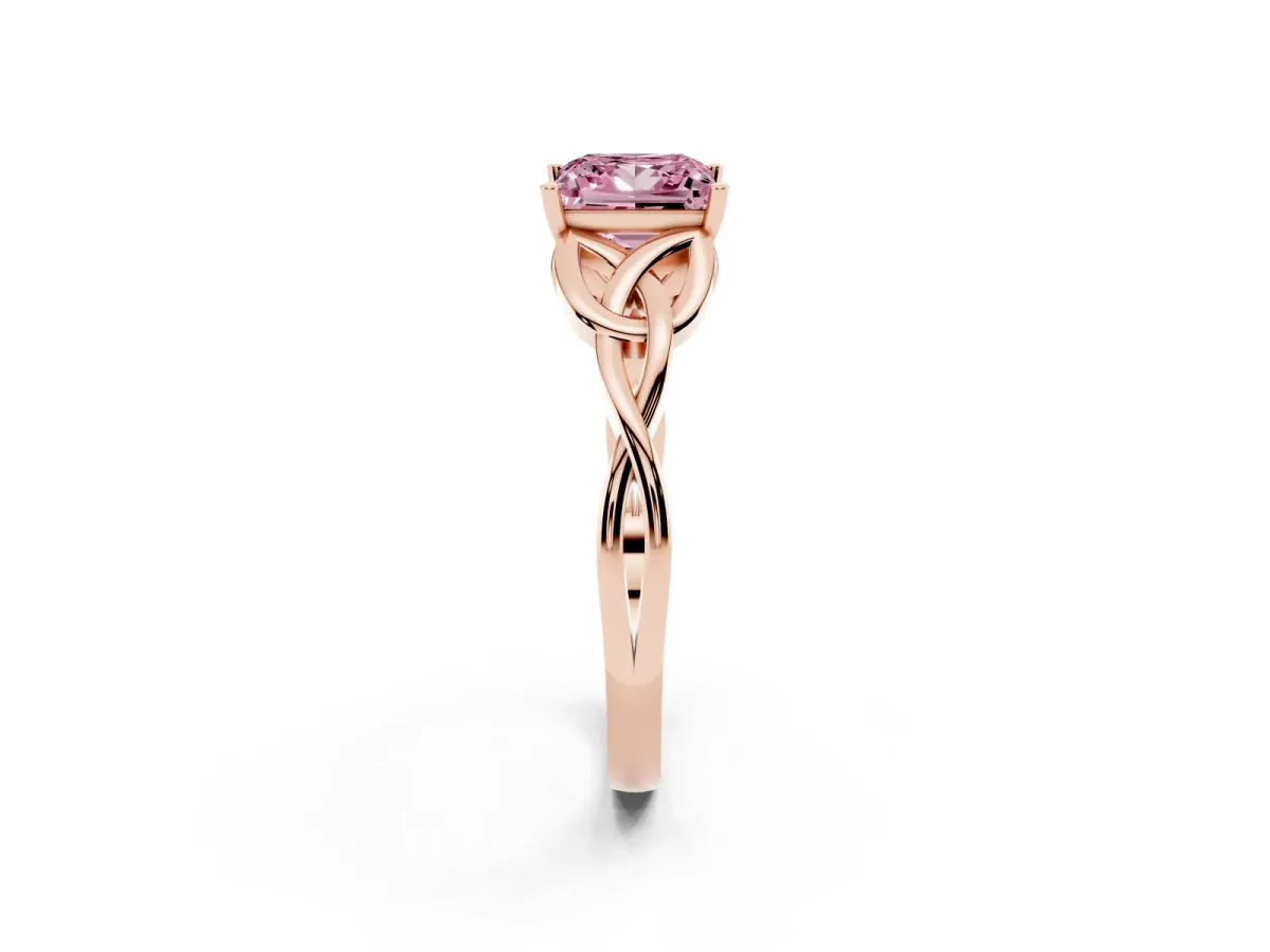 Fancy Pink Princess Cut Diamond Solitaire Engagement Ring with Celtic Knot Band and Four-Prong Setting Rose gold