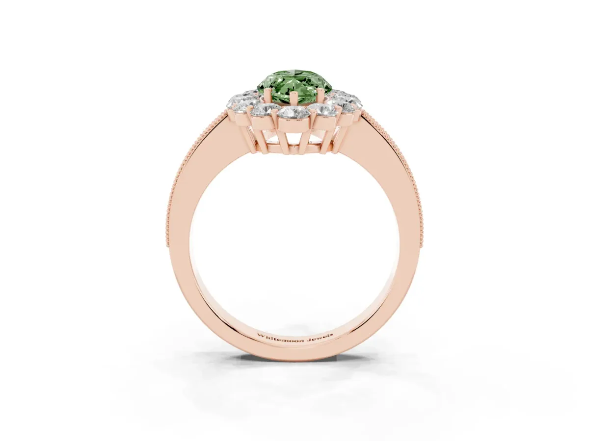 Fancy Green Marquise Cut Cut Halo Diamond Pavé Engagement Ring with Milgrain Detailing Rose gold