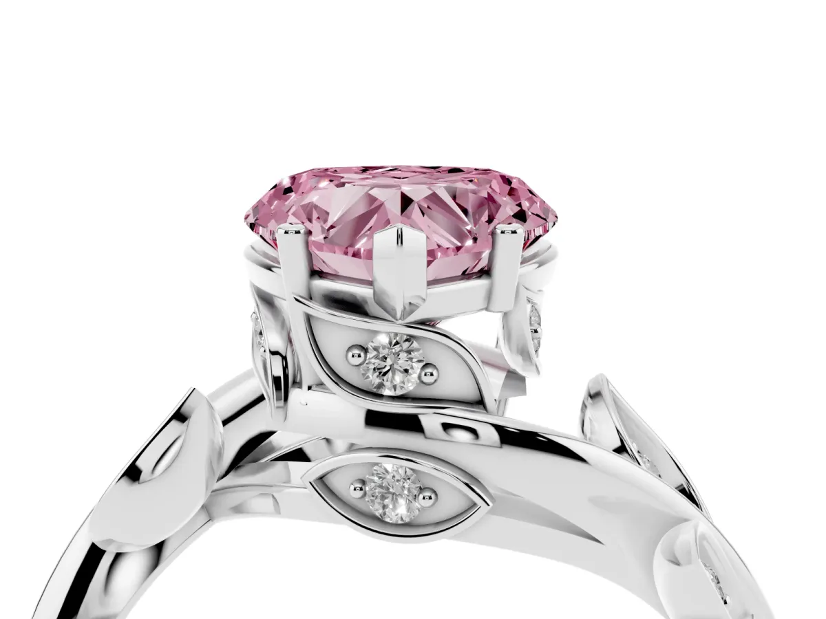 Fancy Pink Heart Cut Solitaire Twist Engagement Ring with Leaf Accents and Prong Setting White gold