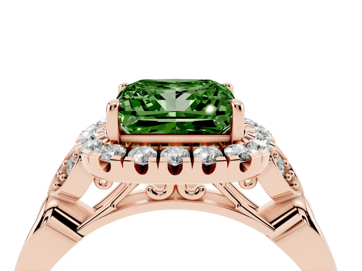 Fancy Green Princess Cut Halo Diamond Engagement Ring with Vintage-Inspired Band and Four-Prong Setting Rose gold