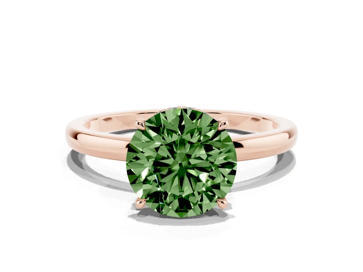 Fancy Green Round Cut Solitaire Engagement Ring with Cathedral Band and Four-Prong Setting Rose gold