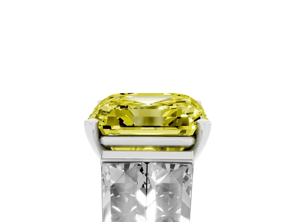 Fancy Yellow Asscher Cut Diamond Engagement Ring with Baguette Side Stones and Channel Set Band Platinum