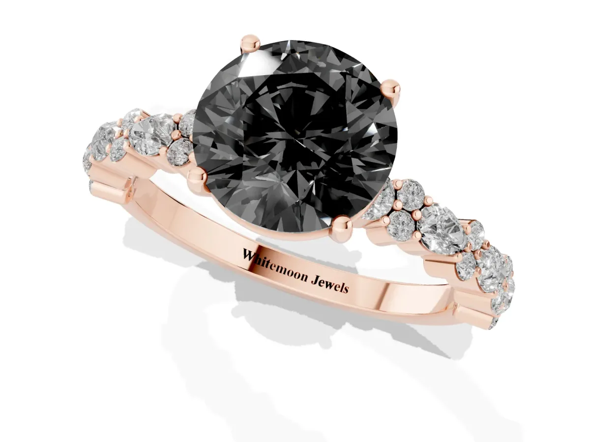 Fancy Black Round Cut Diamond Side Stone Solitaire Ring with Round and Four-Prong Setting Rose gold