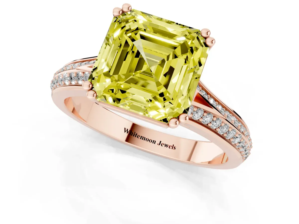 Fancy Yellow Asscher Cut Diamond Split Shank Engagement Ring with Pavé Band Rose gold