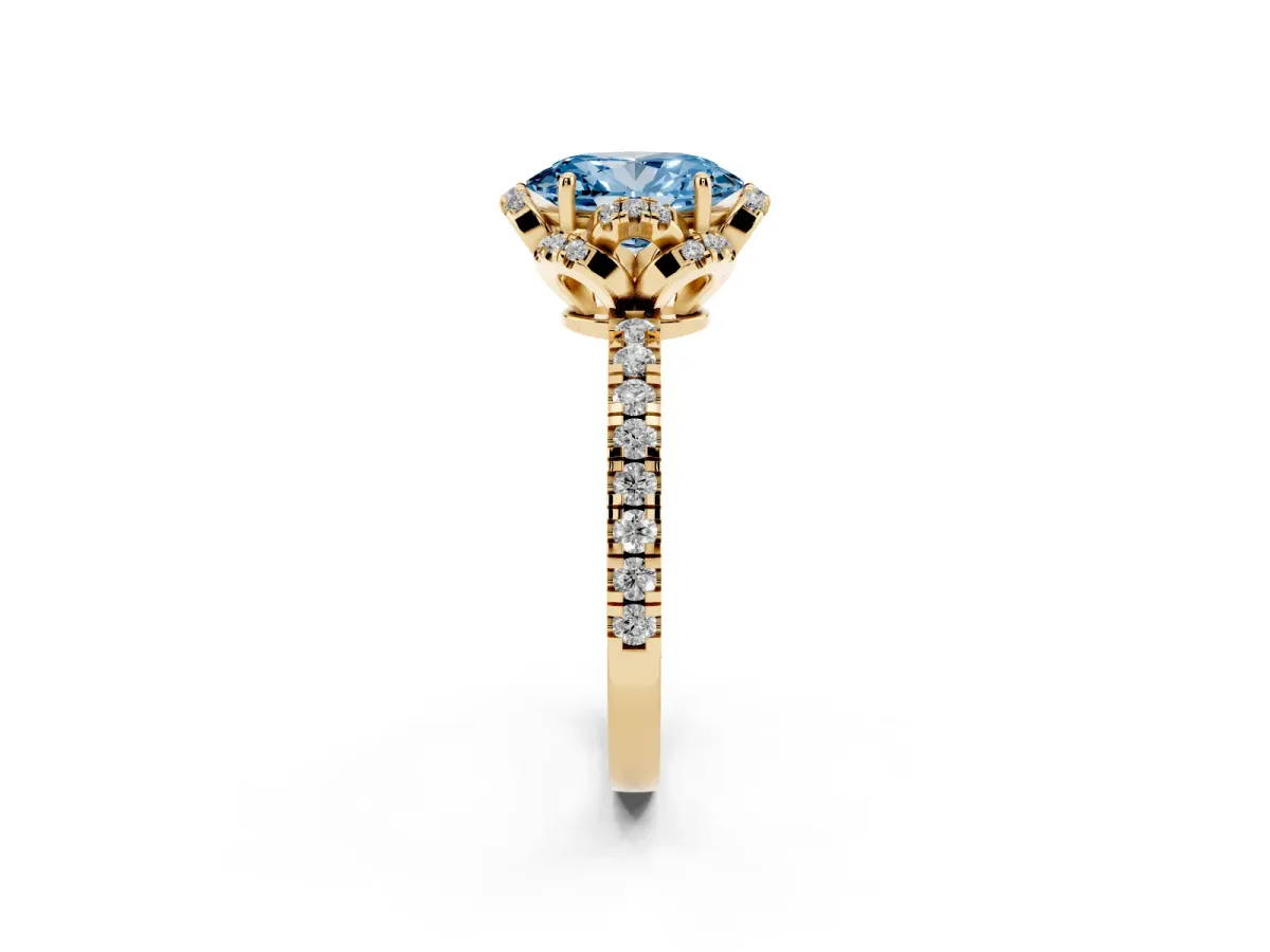 Fancy Blue Oval Cut Halo Diamond Pave Band Ring with Four-Prong Setting Yellow gold