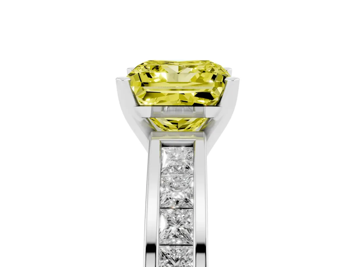 Fancy Yellow Princess Cut Solitaire Diamond Ring with Channel-Set Band and Four-Prong Setting Silver