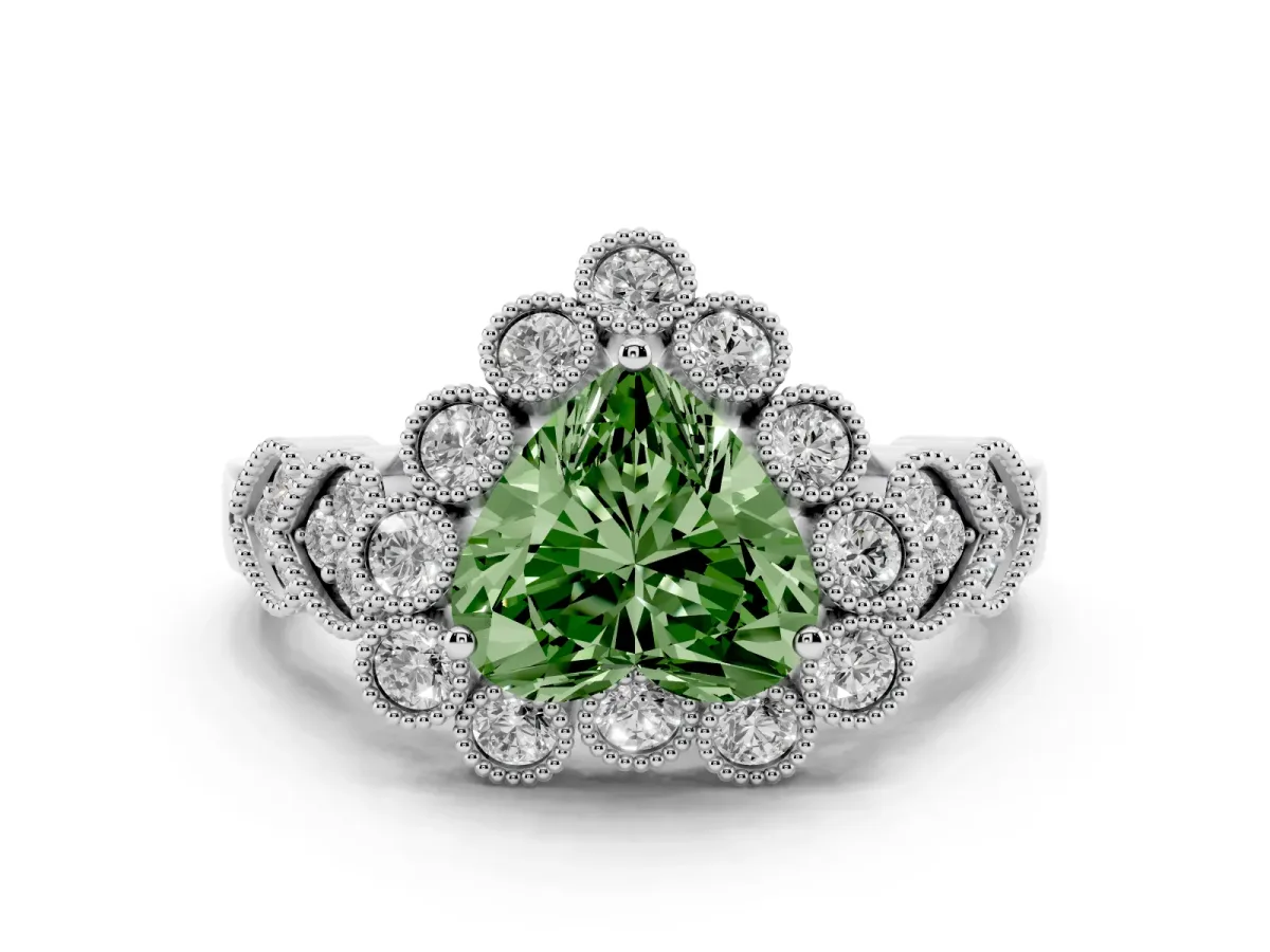 Fancy Green Heart Cut Brilliant Milgrain Pave Heart Band Solitaire Ring Platinum