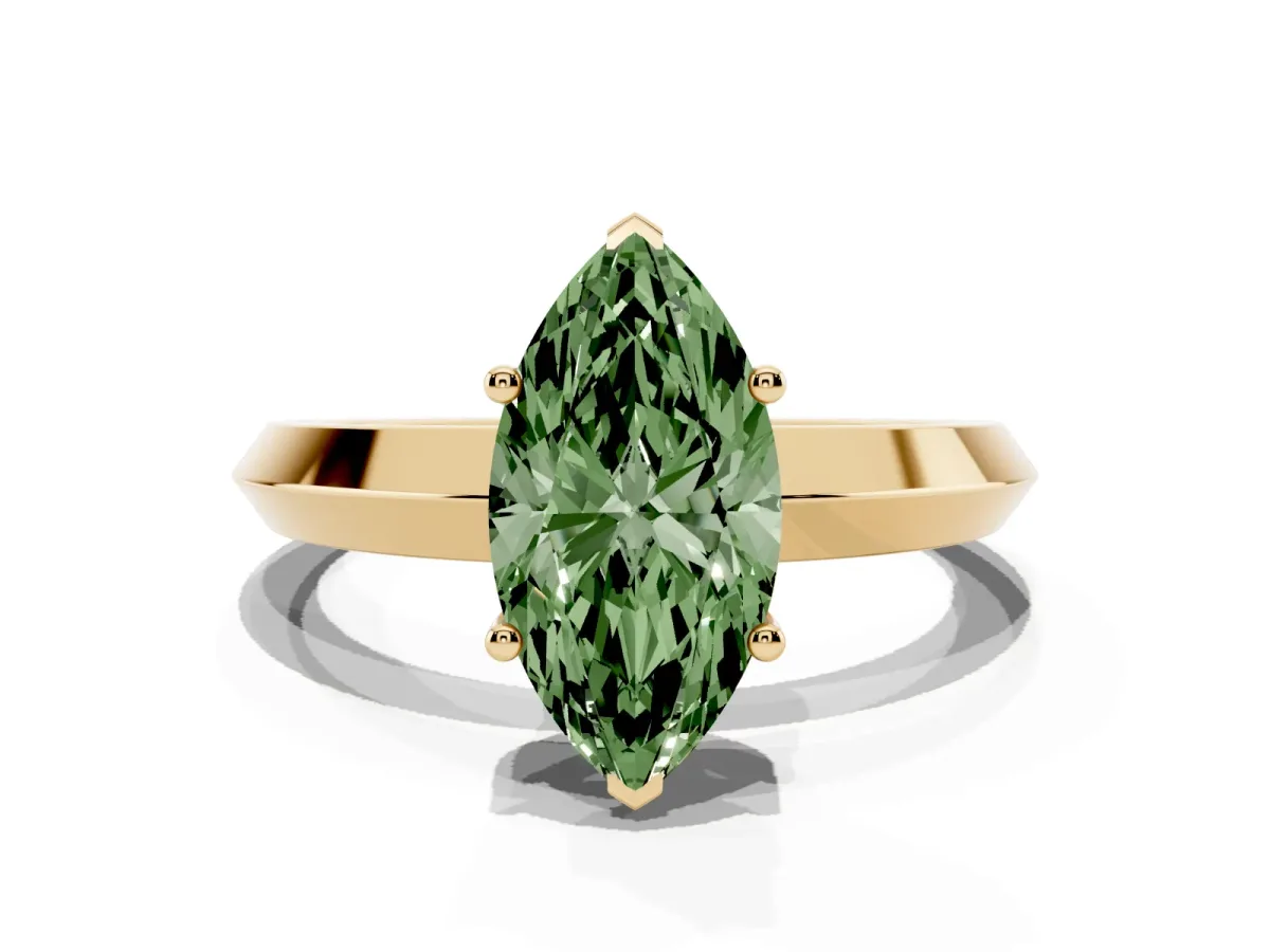 Fancy Green Marquise Cut Cut Solitaire Engagement Ring with Flat Band and Four-Prong Setting Yellow gold