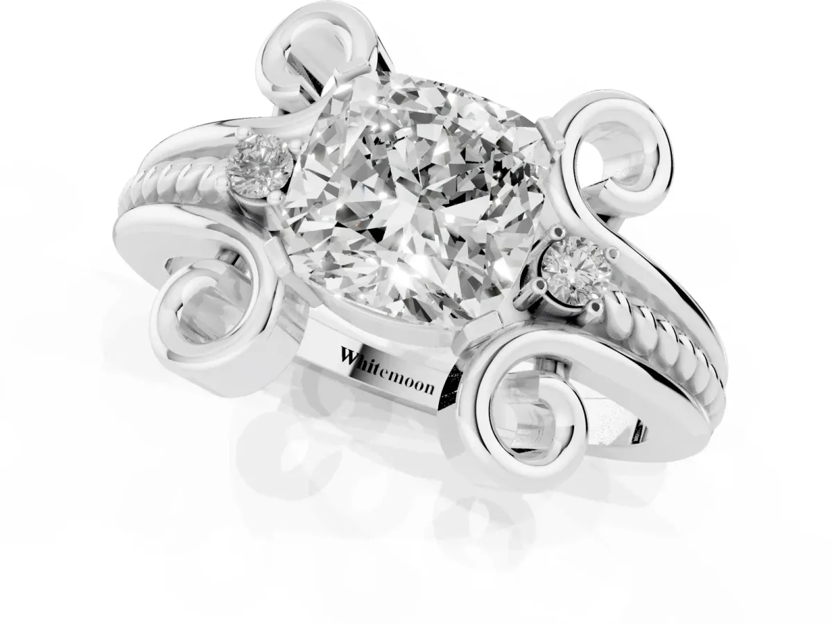 Cushion Cut Solitaire Twisted Band Scroll Prong Ring Silver