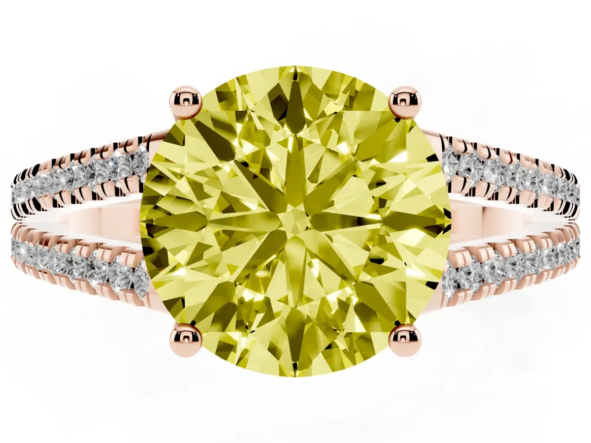 Fancy Yellow Round Cut Diamond Solitaire Engagement Ring with Split Shank Pavé Band Rose gold