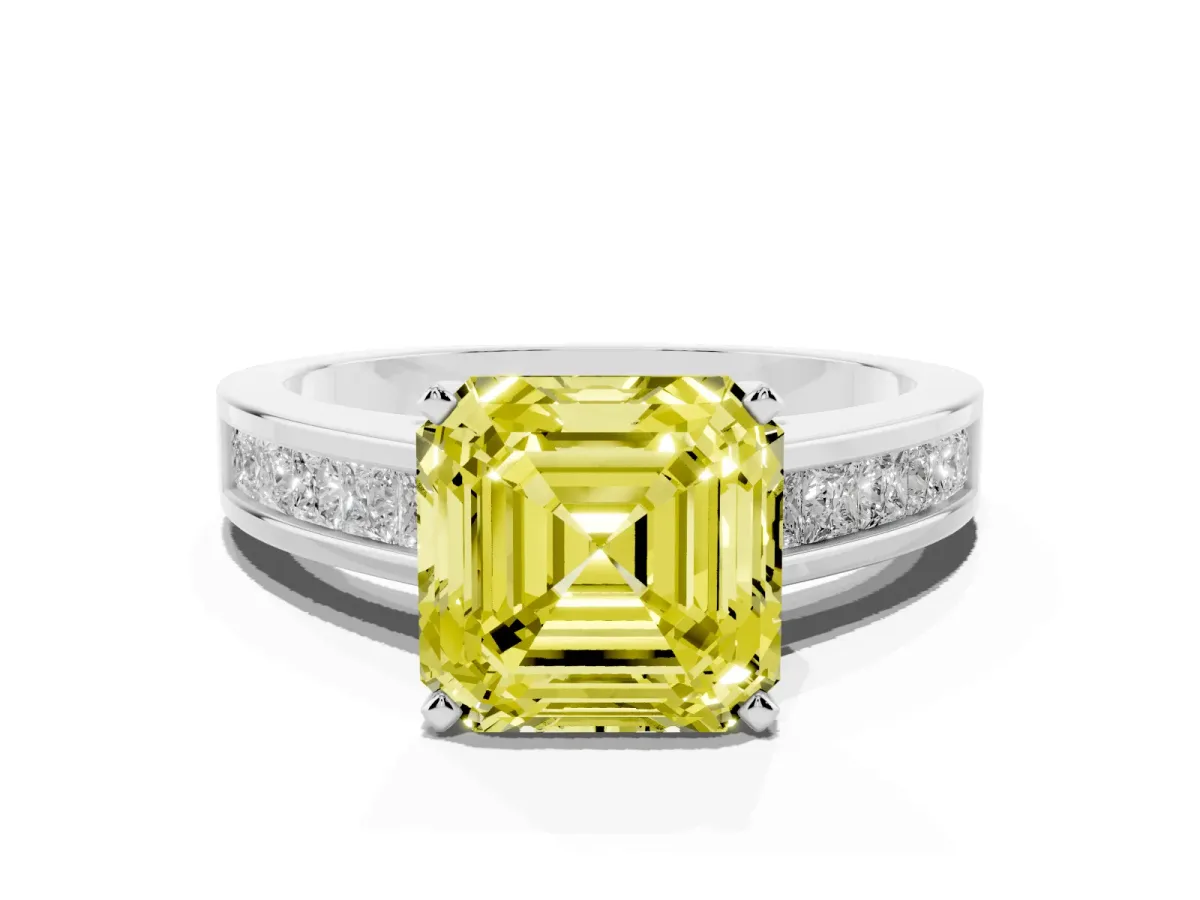 Fancy Yellow Asscher Cut Solitaire Diamond Ring with Channel-Set Band and Four-Prong Setting Silver