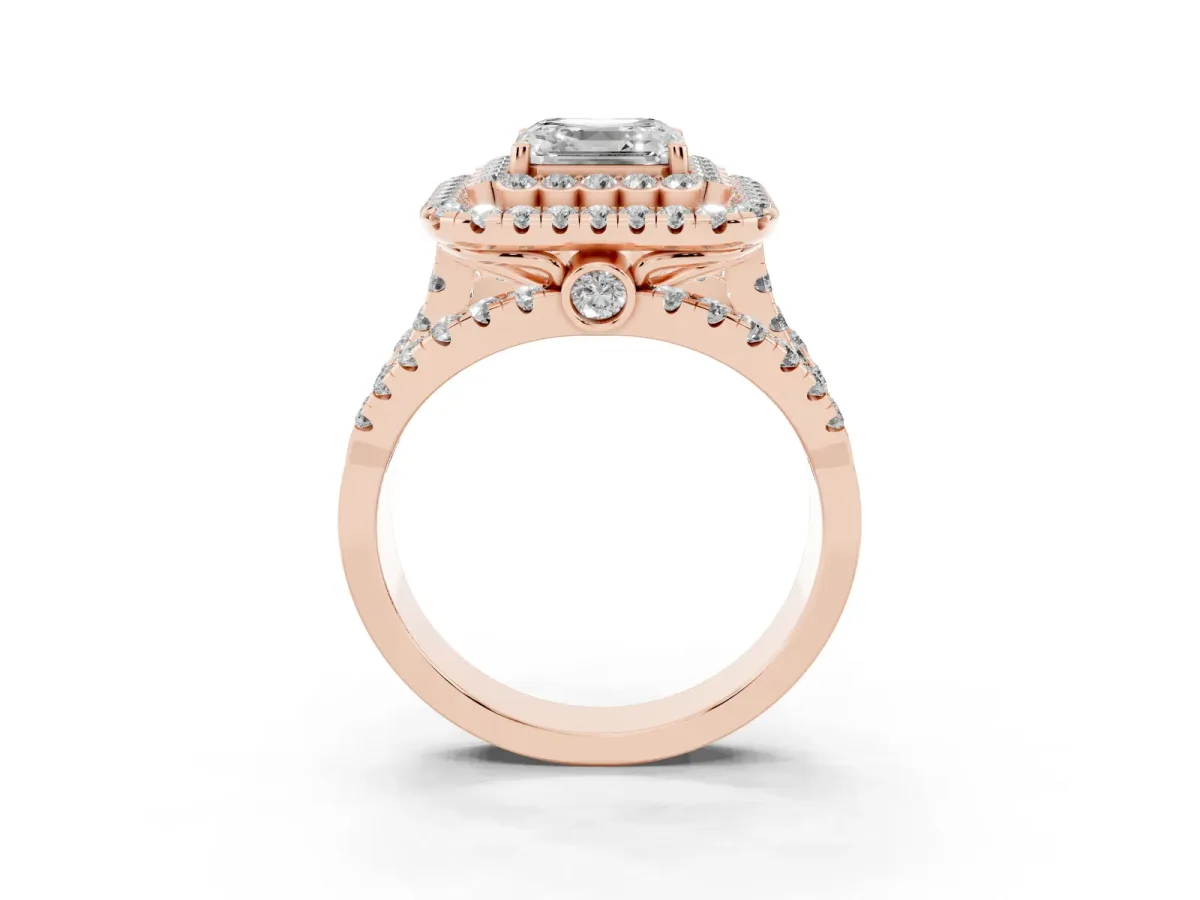 Asscher Cut Diamond Double Halo Ring with Round Pavé Split Shank and Prong Setting Rose gold