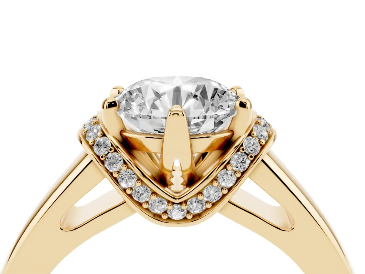 Round Cut Solitaire Diamond Ring with Pave Band and Six-Prong Setting Yellow gold