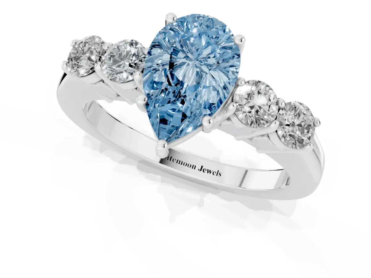 Fancy Blue Pear Cut Cut Diamond Five-Stone Prong Set White Gold Ring Silver
