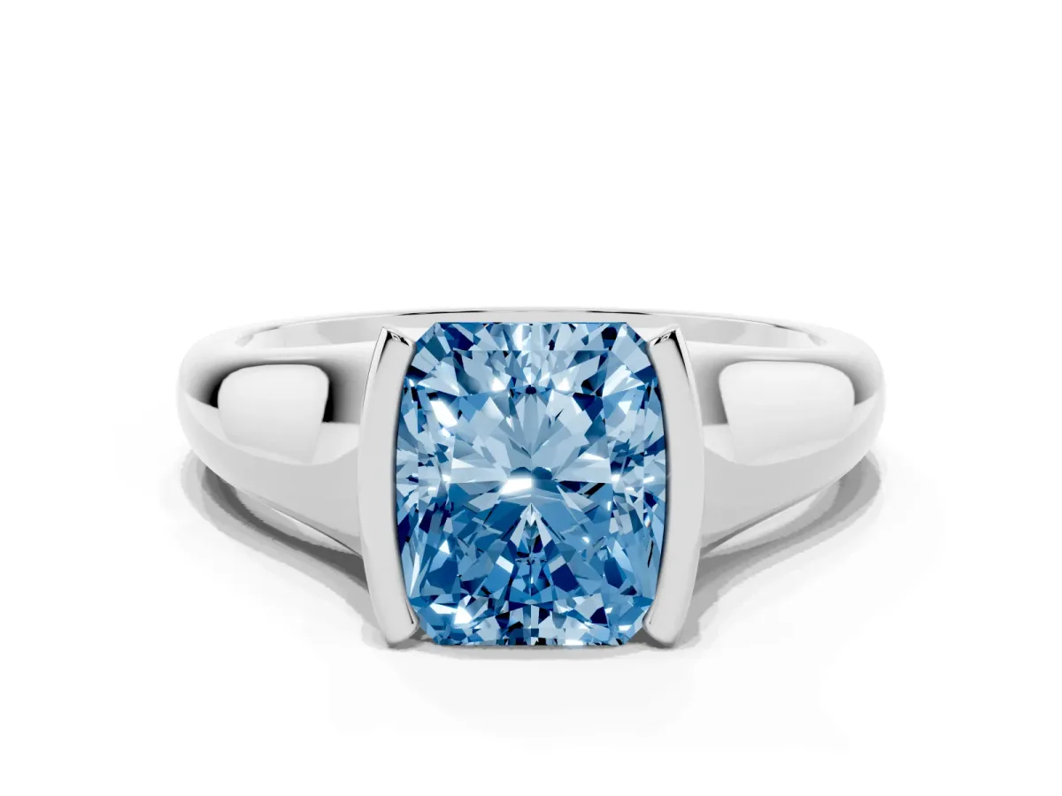 Fancy Blue Radiant Cut Solitaire Tension Set Diamond Ring with Split Shank Band Platinum