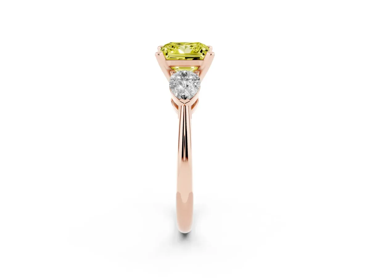 Fancy Yellow Three-Stone Princess Cut Diamond Ring with Pear Side Stones and Four-Prong Setting Rose gold