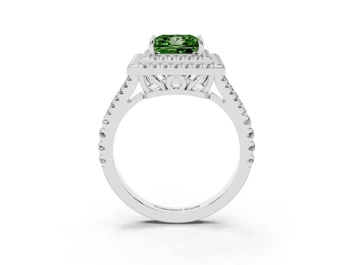 Fancy Green Princess Cut Diamond Double Halo Ring with Pavé Band and Prong Setting White gold