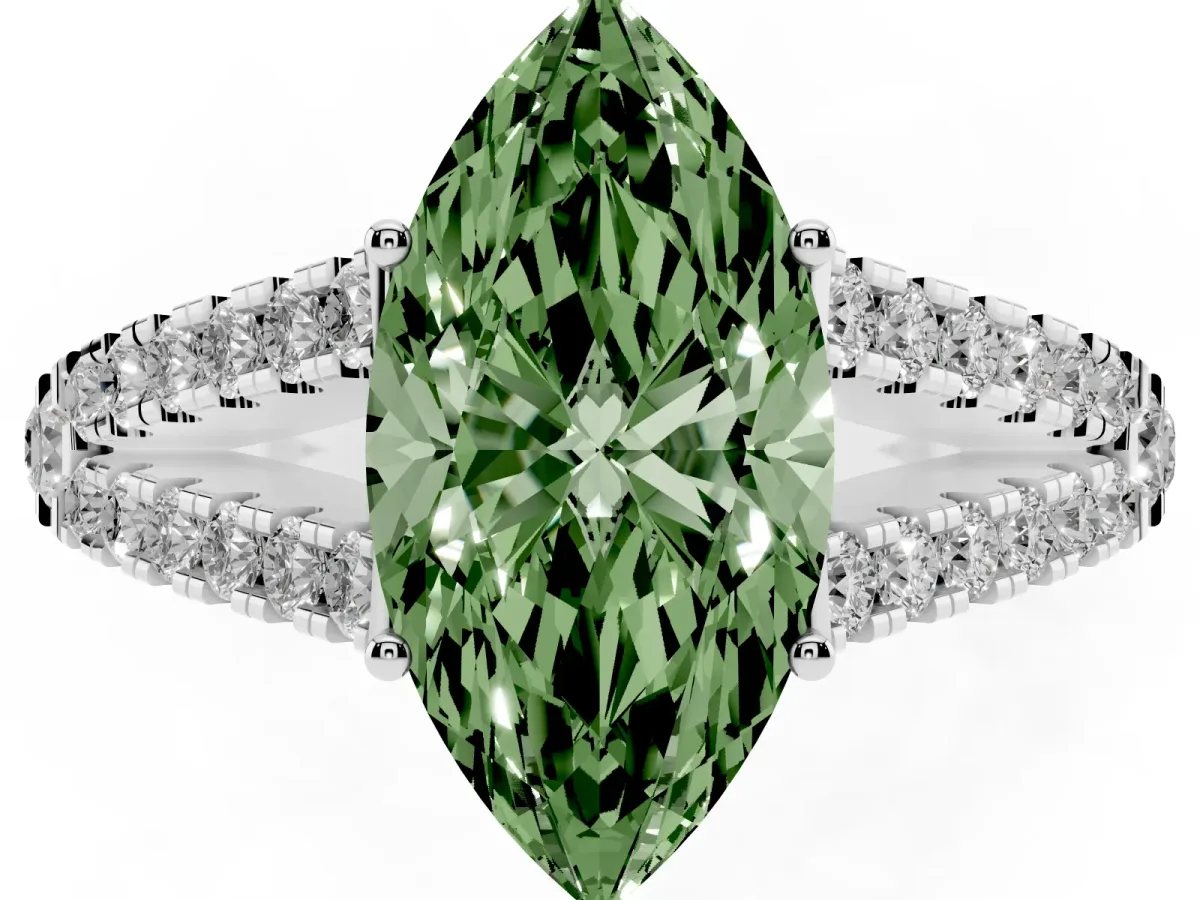 Fancy Green Marquise Cut Diamond Split Shank Pavé Engagement Ring with Four-Prong Setting Platinum