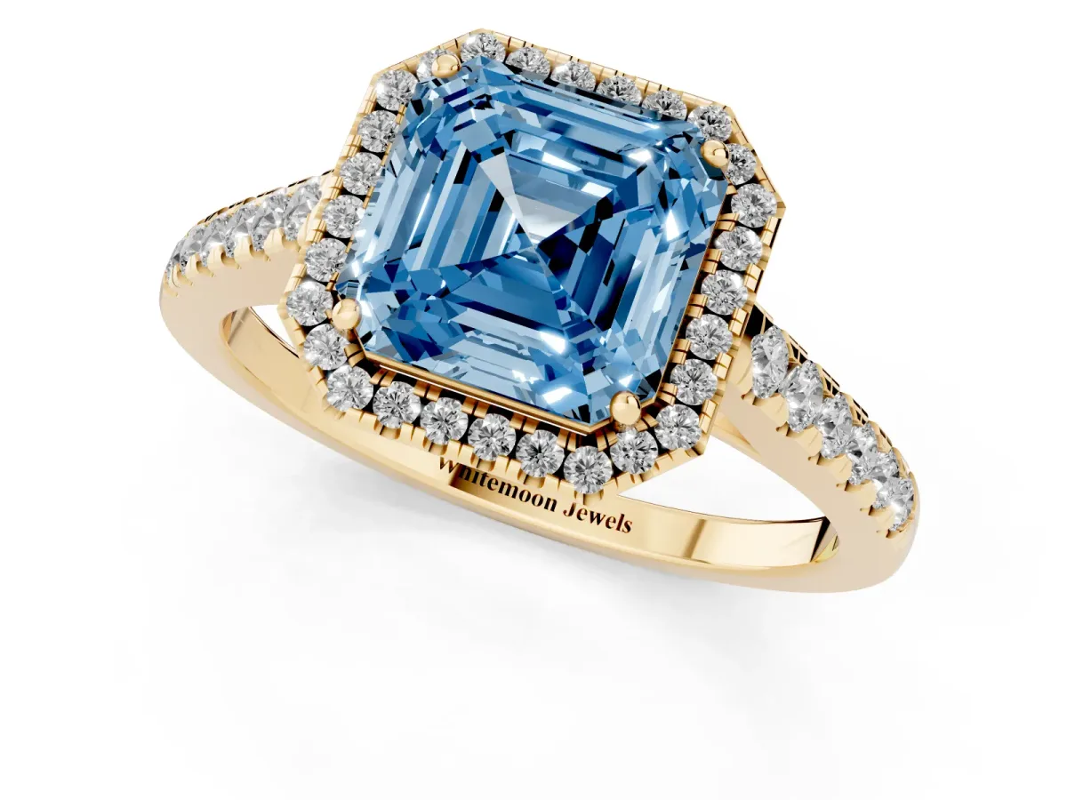 Fancy Blue Asscher Cut Halo Pave Diamond Engagement Ring with Four-Prong Setting Yellow gold