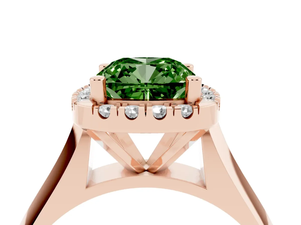 Fancy Green Cushion Cut Cut Halo Solitaire Engagement Ring with Square Band and Four-Prong Setting Rose gold