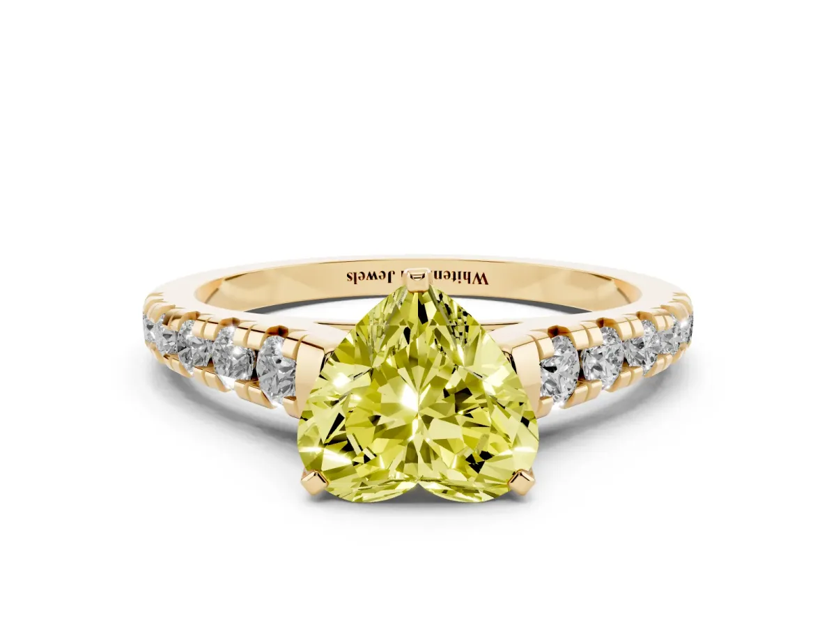 Fancy Yellow Heart Cut Diamond Cathedral Solitaire Ring with Round Pavé Band Yellow gold