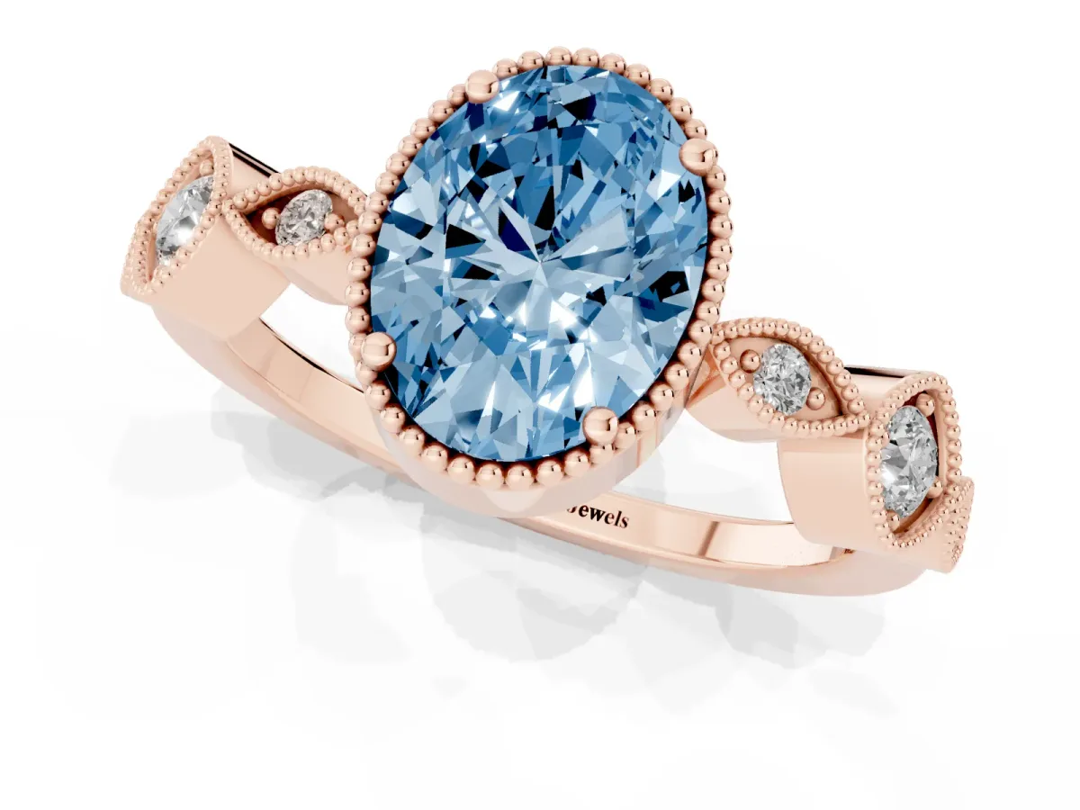 Fancy Blue Oval Cut Diamond Vintage Milgrain Ring with Round Stations Rose gold